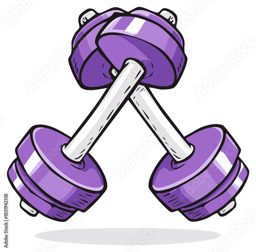 Pair of purple dumbbells crossed on white background cartoon illustration