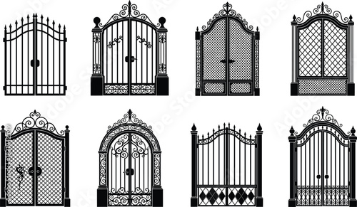 Set of ornate wrought iron gates, vintage forged metal fences, black silhouette antique elegant archway doors, vector illustration design, decorative garden entrance.
