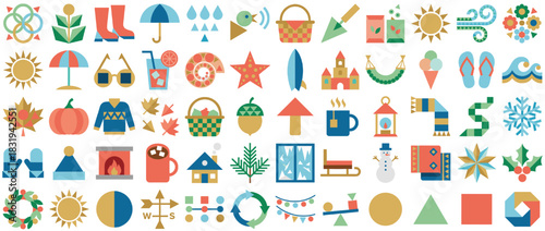 Seasonal and holiday icon set. containing sun, snow, rain, pumpkin, tree, basket, star, surfboard, snowflake, mitten. Vector collection