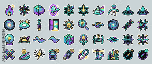 Science and technology icons set. including atom, dna, telescope, microscope, magnet, compass, galaxy, molecule. Vector collection