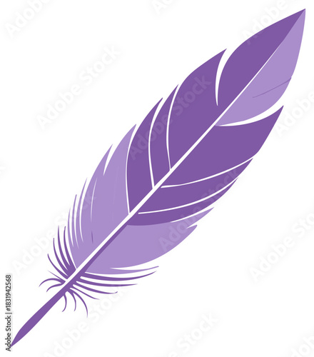 Single light purple feather lying flat soft plumage detailed minimalism white background illustration vector delicate quill softness