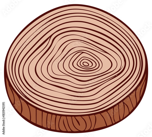 Circular Wood Slice Illustration with Growth Rings and Bark for Nature Studies, Botany, or Forestry Concepts