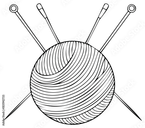 Black and white outline drawing of a yarn ball with knitting needles for crafting and DIY hobbies