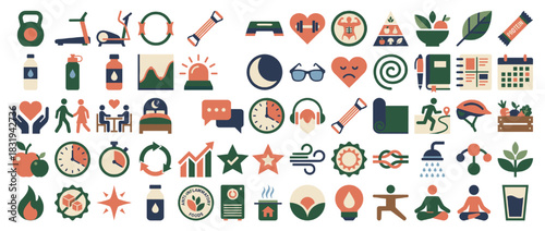 Health and fitness icon set. containing exercise, nutrition, meditation, wellness, gym, yoga, diet, hydration, balance, and more. Vector collection