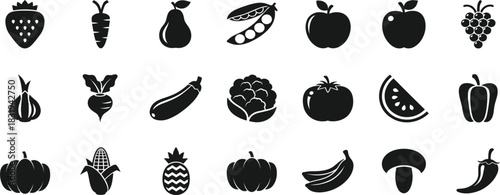 Fruits and vegetables icons set vector black silhouette symbols for healthy eating food market grocery store