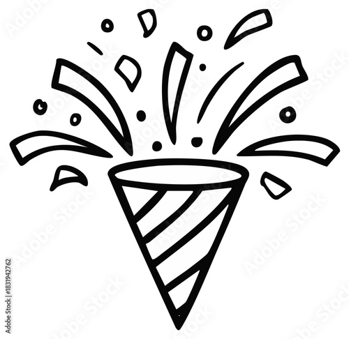 Hand-drawn illustration of a confetti popper exploding with streamers and dots