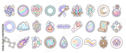 Mystical icon set. containing galaxy, crystal ball, swirl, wand, star, flower, moon, potion and more. Vector collection