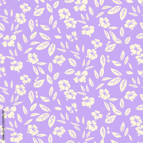Seamless vector floral pattern with scattered cream blossoms and leaves on a soft lavender background. Minimal, elegant botanical design for textiles, stationery, and decor