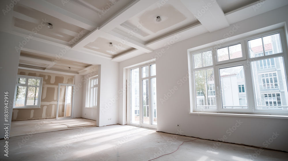 Fototapeta premium Empty living room after completed putty work on walls and ceiling faceless new build house interior defocused smooth finished walls ceiling background interior finishing