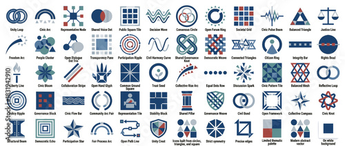 Democracy and voting icons set. containing ballot, consensus, representation, participation, liberty, equality, integrity and more. Vector collection
