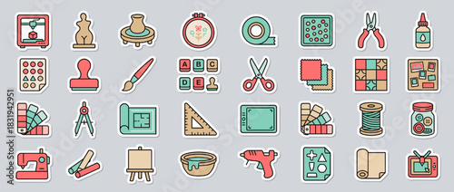 Crafting and diy icon set. containing pottery, sewing, knitting, embroidery, painting, and more. Vector collection