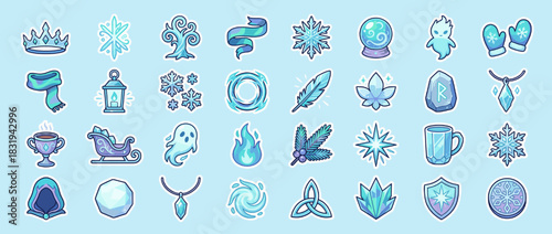 Winter and fantasy icon set. containing snowflake, crown, lantern, crystal ball, feather, ghost, flame, cloak, shield, and more. Vector collection