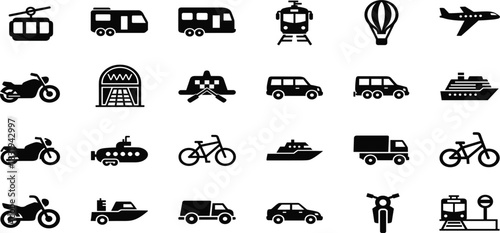 Transport and vehicle icons set vector black silhouettes for travel tourism logistics delivery shipping