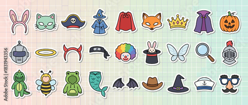 Costume and accessory icon set. containing bunny ears, cat, pirate, wizard, fox, crown, cape, pumpkin. Vector collection