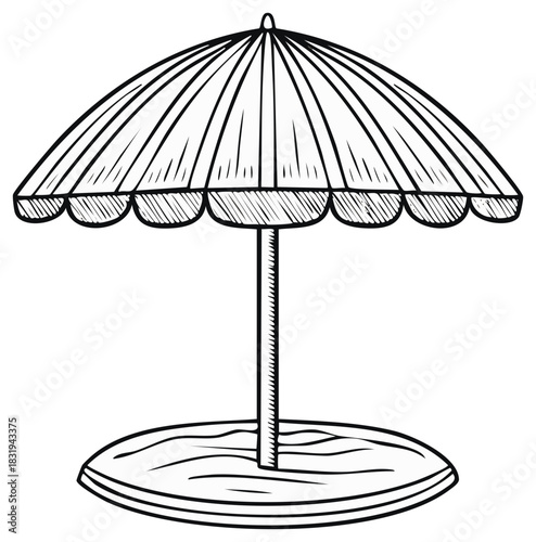 Black and white sketch illustration of a beach umbrella stuck in the sand ready for summer vacation