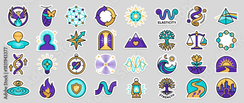 Mindful wellbeing icon set. containing balance, growth, emotion, harmony, connection, energy, insight, and more. Vector collection