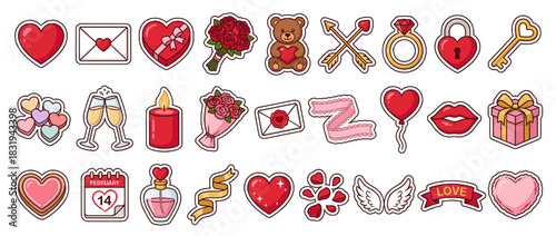 Valentine's day icon set. containing heart, envelope, gift, roses, teddy, arrows, lock, key, and more. Vector collection