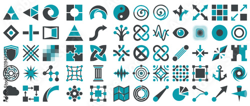 Abstract symbol icon set. containing spiral, knot, tree, eye, grid, arrow, star, shield, anchor, yin-yang, maze, castle. Vector collection