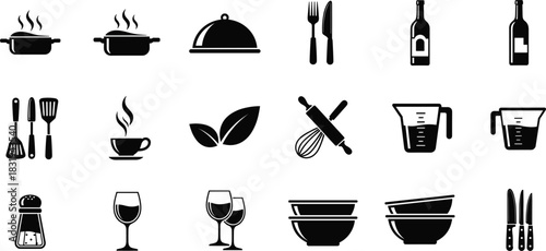 Cooking kitchen restaurant icons set vector black silhouette symbols for food preparation and dining