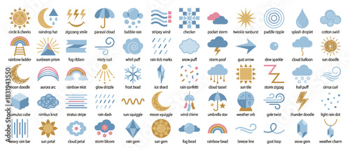 Weather and nature icon set. featuring cloud, storm, rainbow, moon, wind, sun, raindrop, gem, and more. Vector collection