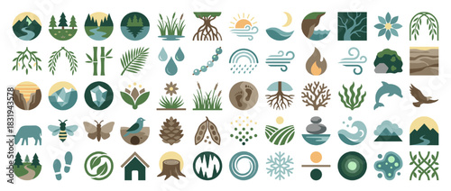 Nature and environment icon set. containing forest, river, tree, wave, flower, mountain, bamboo, leaf and more. Vector collection