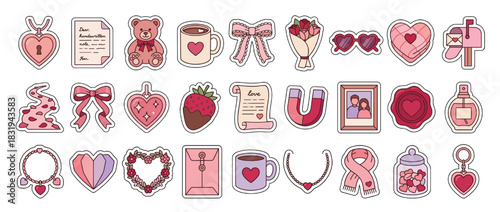 Romance and love icon set. containing heart, love letter, teddy bear, mug, bouquet, bow, envelope, perfume and more. Vector collection