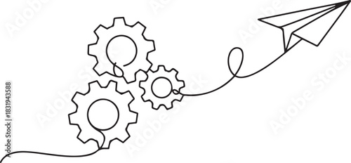 Gears with paper airplane one continuous editable line. Concept of learning, business, teamwork and traveling.one line  vector illustration  with out background