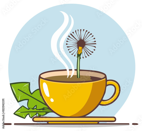 Vibrant Illustration of Steaming Dandelion Herbal Drink in Yellow Cup with Green Leaves