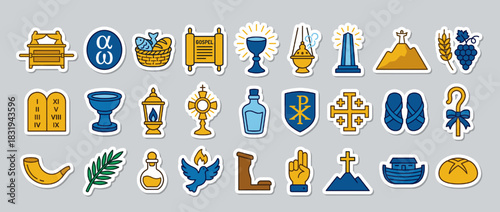 Christian faith icons set. containing altar, communion, gospel, incense, monument, mountain, grapes, tablets, lamp, chalice. Vector collection