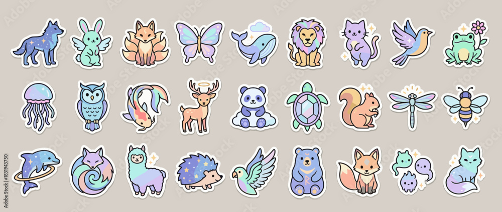 Obraz premium Animal icons set. featuring wolf, unicorn, fox, butterfly, lion, cat, bird, frog, jellyfish, turtle, bee, and more. Vector collection