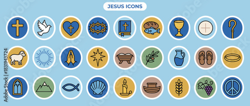 Religious icon set. containing cross, dove, crown, communion, fish, lamb, prayer and more. Vector collection