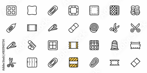 Illustration showcasing various sewing and crafting tools and materials in a simple line art style design