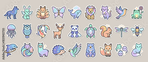 Animal icons set. featuring wolf, unicorn, fox, butterfly, lion, cat, bird, frog, jellyfish, turtle, bee, and more. Vector collection