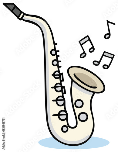 Cartoon style saxophone with notes illustration. Jazz instrument cartoon illustration.