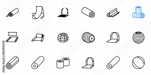 Illustration of various rolled and spherical objects including mats and balls in a line art style