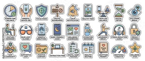 Mindful living and digital wellbeing icons set: screen time, device use, boundaries, detox, reminder and more. Vector collection