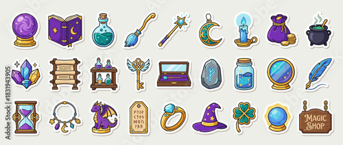Magic and fantasy icon set. containing potion, spellbook, wand, moon, candle, crystal, cauldron, dragon, key, hourglass. Vector collection