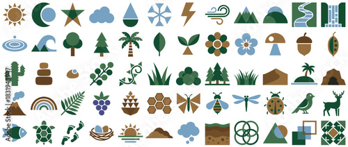 Nature and environment icon set. containing sun, tree, leaf, mountain, water, flower, rain, and more. Vector collection