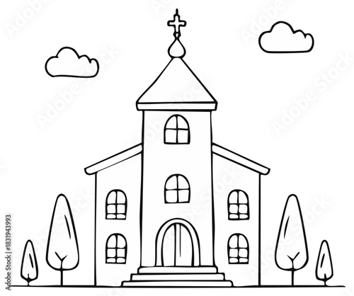 Charming Hand Drawn Church Building with Trees and Clouds Sketch