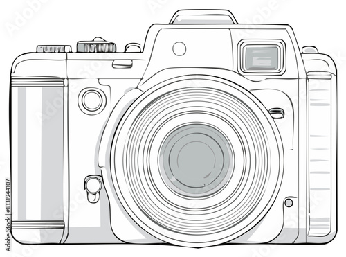 Camera lens illustration for photographers, equipment drawing, photography hobby outline, professional camera sketch.