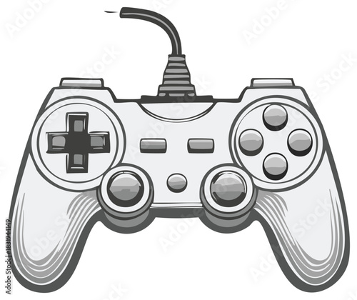 Grayscale illustration of a classic wired video game controller for gaming