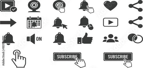 Social media interaction icons set vector black symbols for video like subscribe share notification and engagement