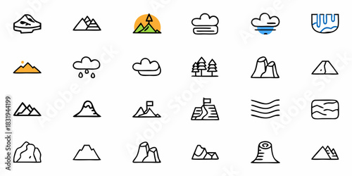 Illustration showing a collection of nature icons including mountains clouds and trees in a simple style