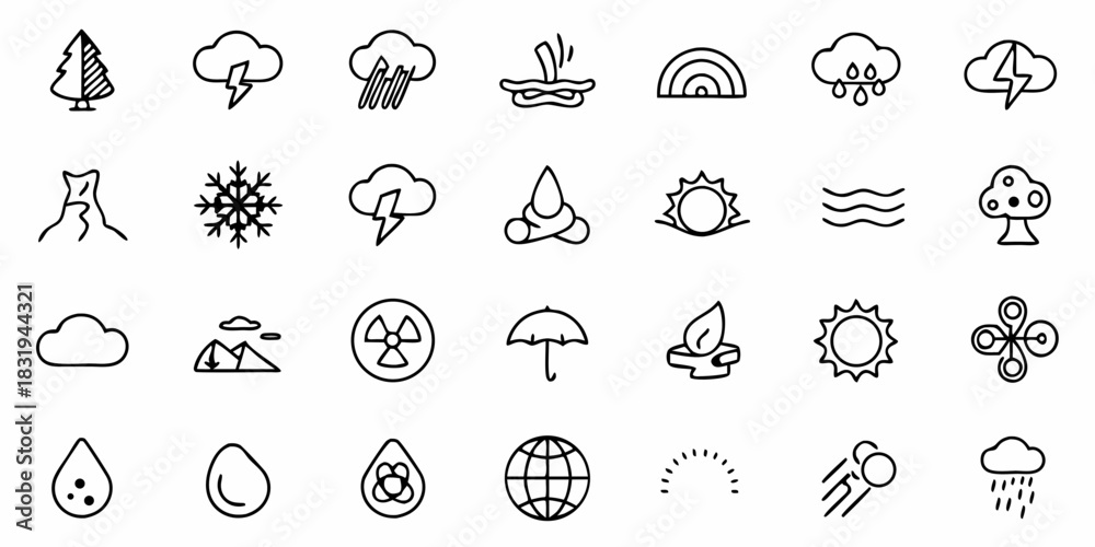 Naklejka premium Illustration of various weather elements, natural formations, and abstract conceptual symbols in black outline