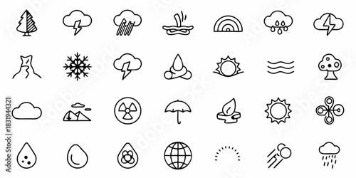 Illustration of various weather elements, natural formations, and abstract conceptual symbols in black outline