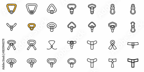 Collection of various shaped metal rings and loops with different attachment mechanisms in a grid layout