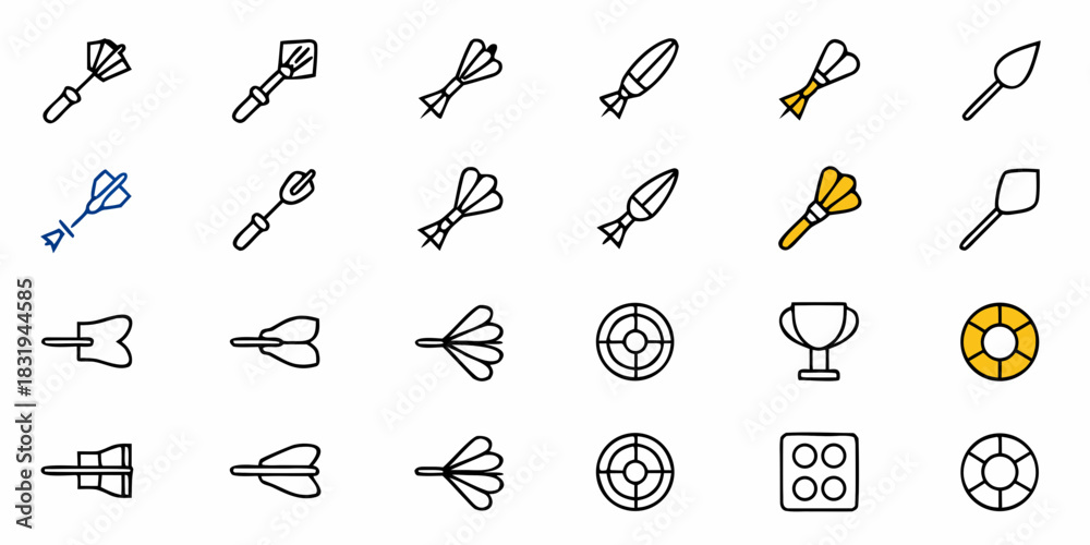 Fototapeta premium Collection of darts, target boards, a trophy, dice, and life preserver icons in various styles