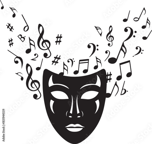 Dramatic mask with musical notes flowing outward