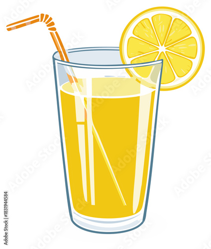 Vibrant yellow lemonade or orange juice drink with a lemon slice and striped straw