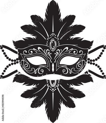 Ornate black masquerade mask with feathers and beads